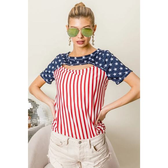 BiBi American Flag Theme Front Cut Out Short Sleeves Round Neck Top | Red Stripe - Picture 7 of 12